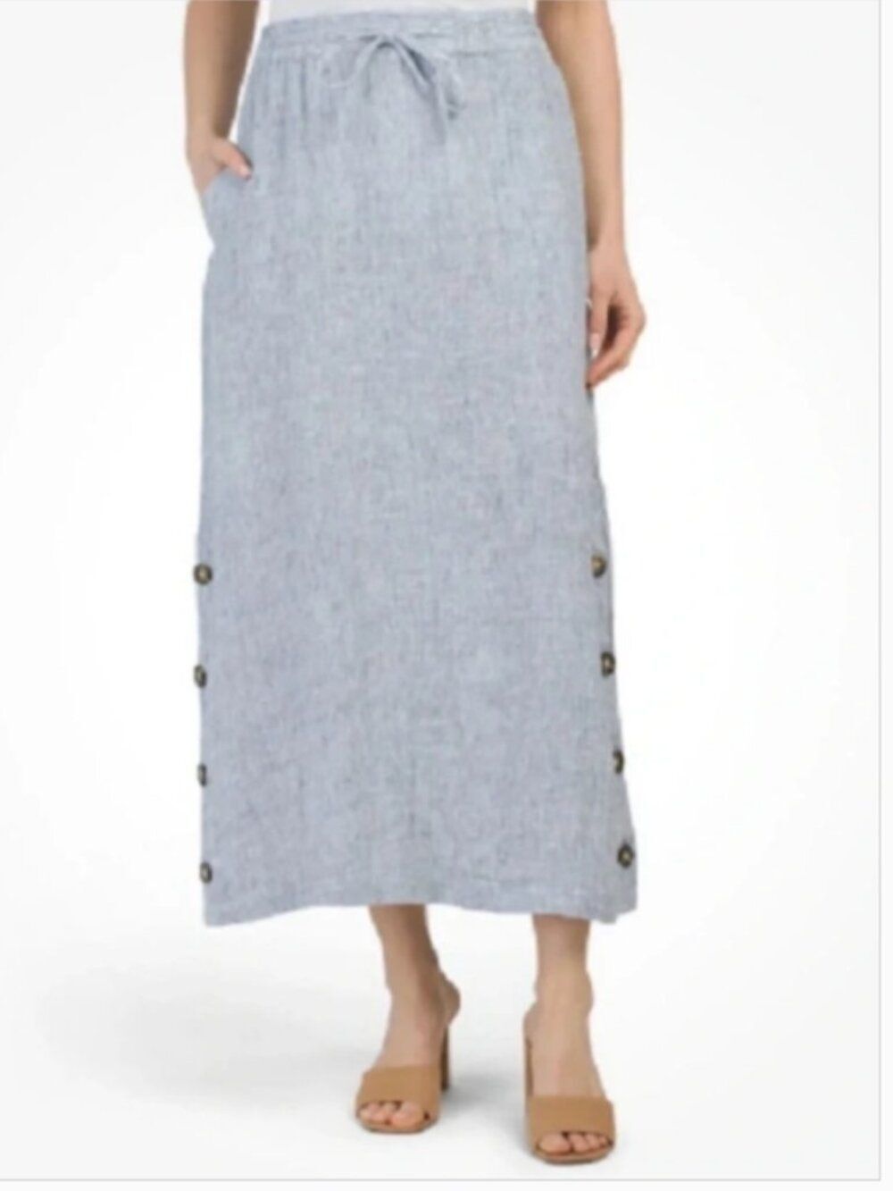Like New! TAHARI 100% Linen Drawstring Waist Maxi Skirt Light Blue Size S